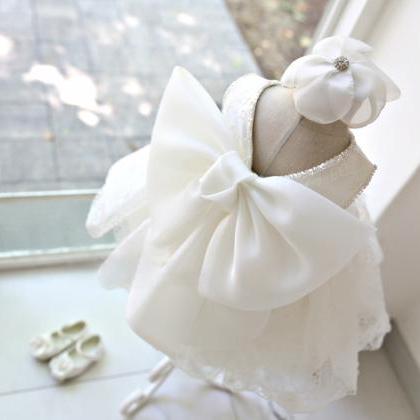 5-9y Flower Girl Dress, White Big Bow Flower Girl..
