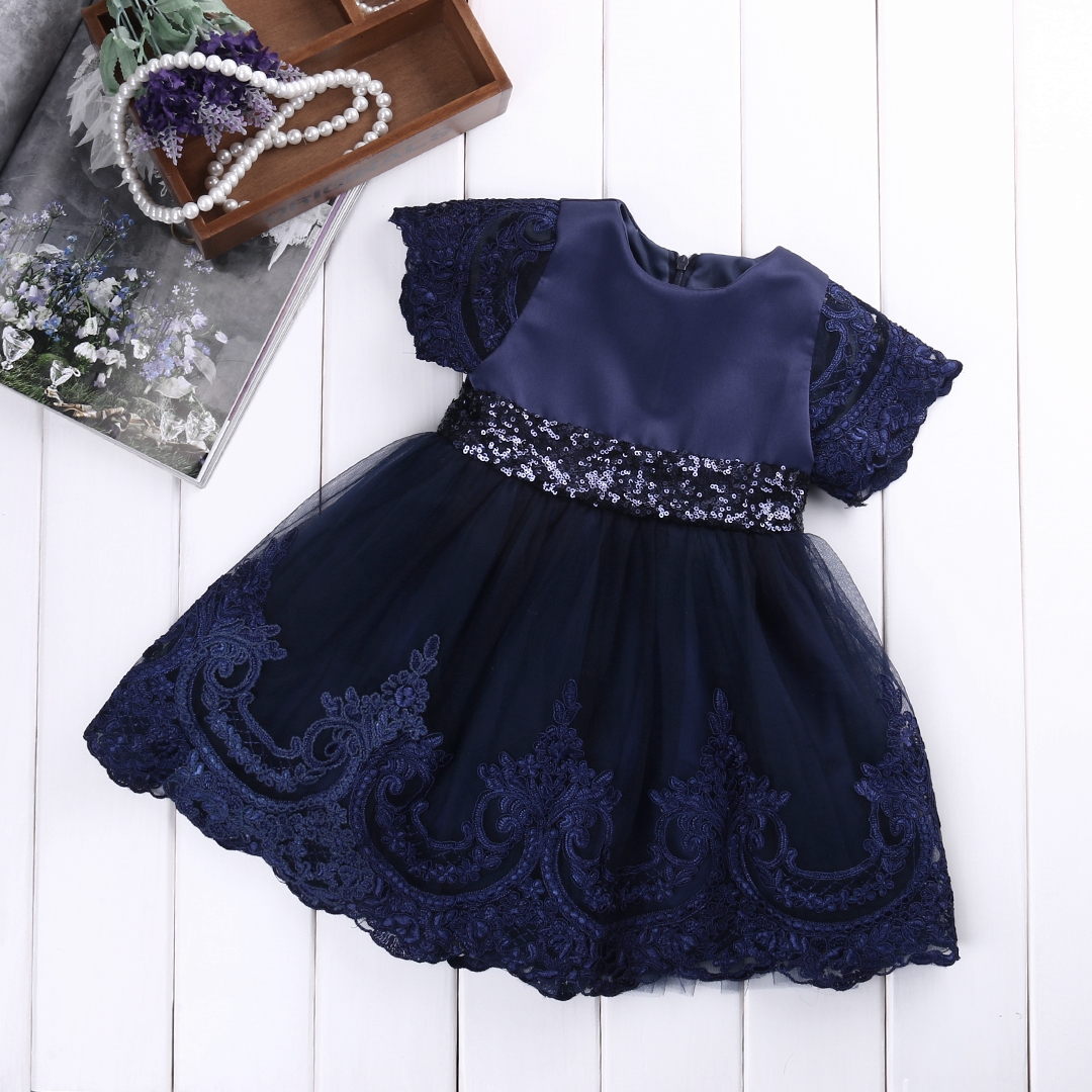 Flower Girl Dress, Sequin Flower Girl Dress, Embroidered Flower Girl Dress, Dark Blue Baby Girl Birthday Outfit, Navy Blue Party Dress, Baby